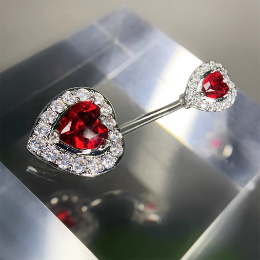 Red Heart Pave Halo Belly Ring