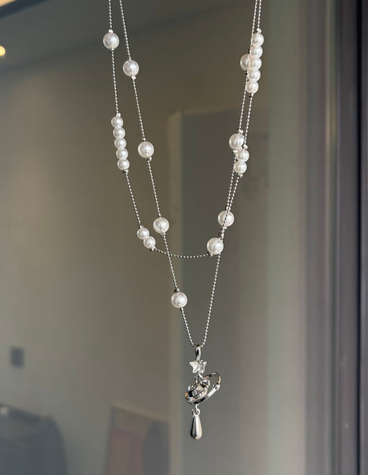 Silver Pearl Planet Necklace