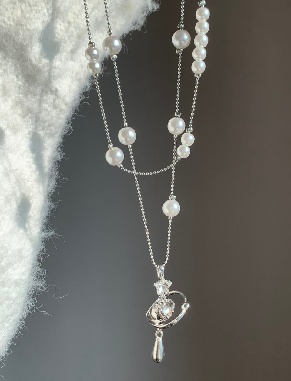 Silver Pearl Planet Necklace