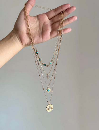Gold Turquoise Lotus Layered Necklace