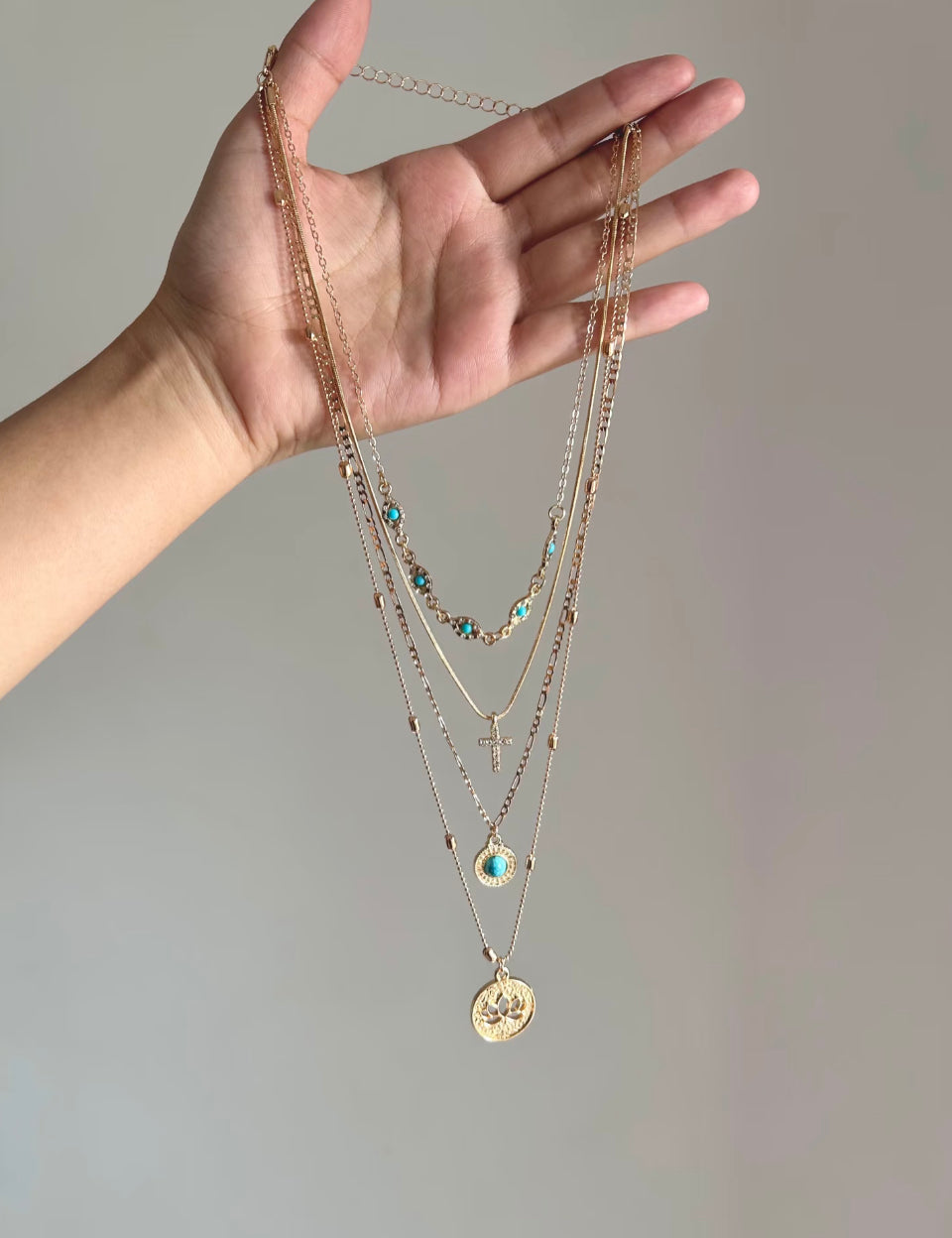 Gold Turquoise Lotus Layered Necklace