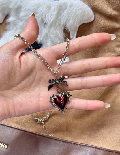 Red Sacred Heart Bow Necklace