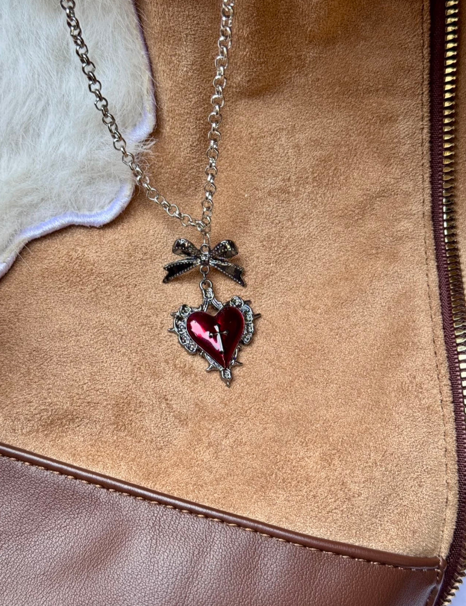 Red Sacred Heart Bow Necklace