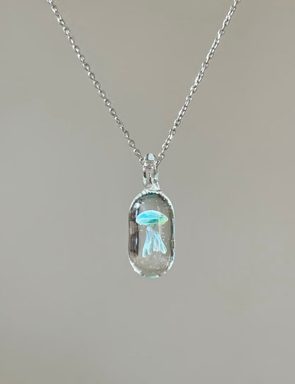 Blue Jellyfish Glass Pendant Necklace