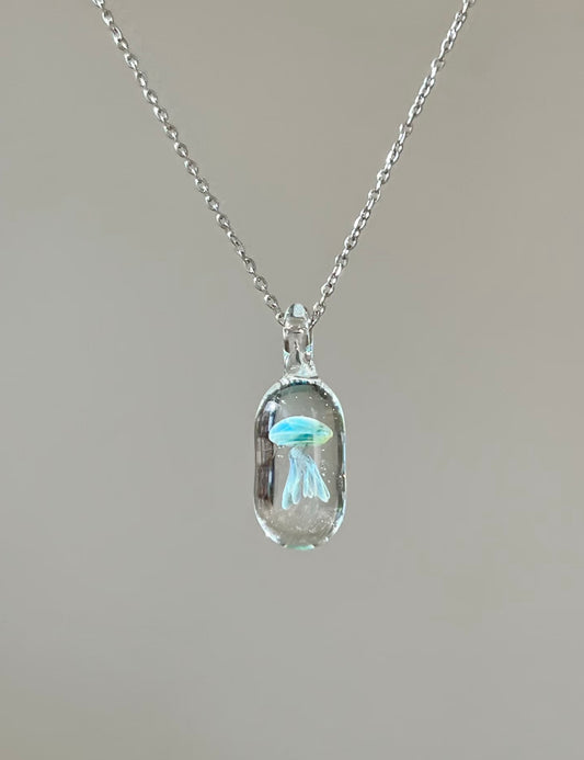 Blue Jellyfish Glass Pendant Necklace