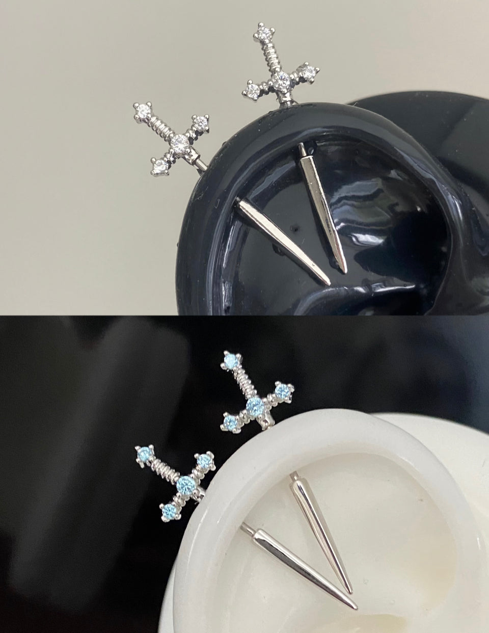 Crystal sword vertical helix earrings