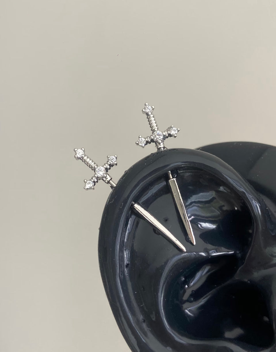 Crystal sword vertical helix earrings