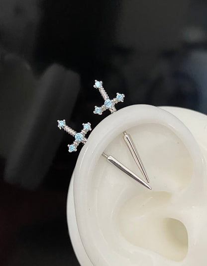 Crystal sword vertical helix earrings