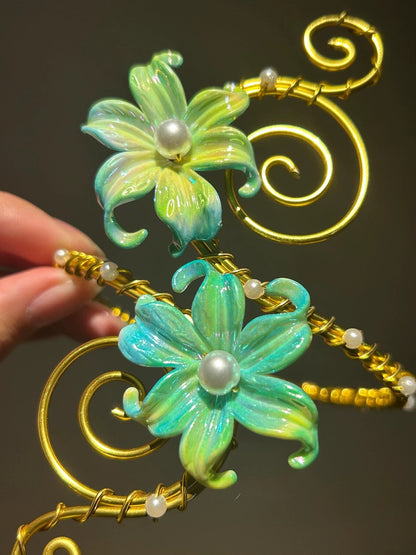 Gold Teal Floral Wings Arm Cuff