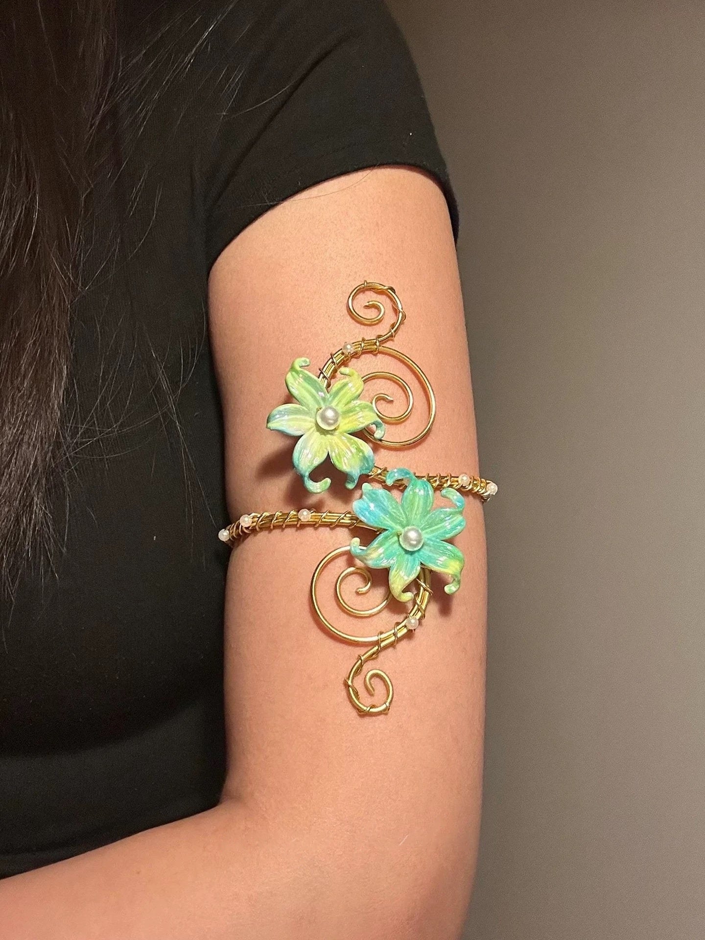 Gold Teal Floral Wings Arm Cuff