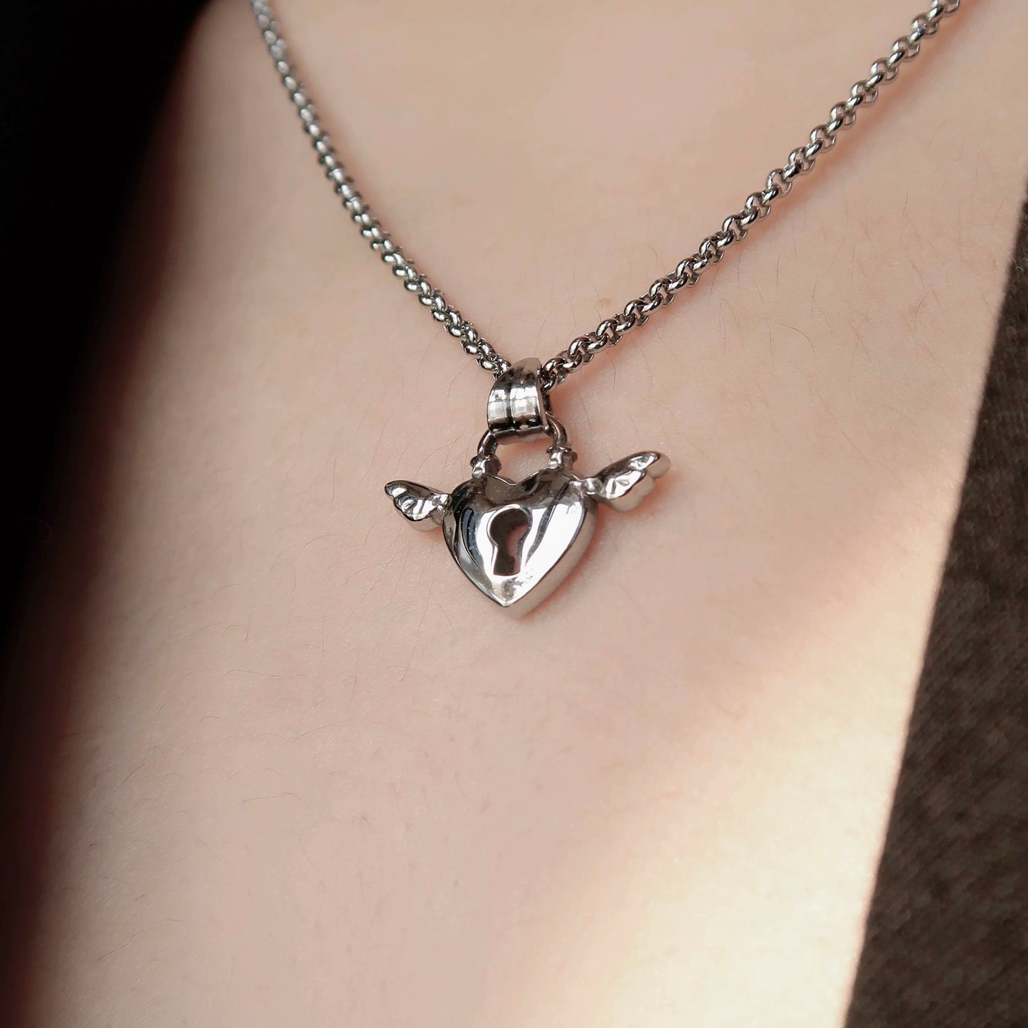 Silver Heart Lock Wings Necklace