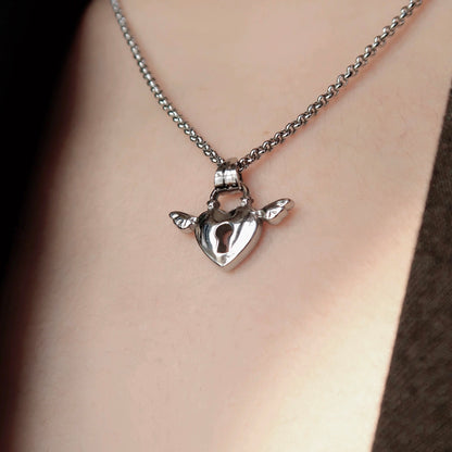Silver Heart Lock Wings Necklace