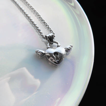 Silver Heart Lock Wings Necklace