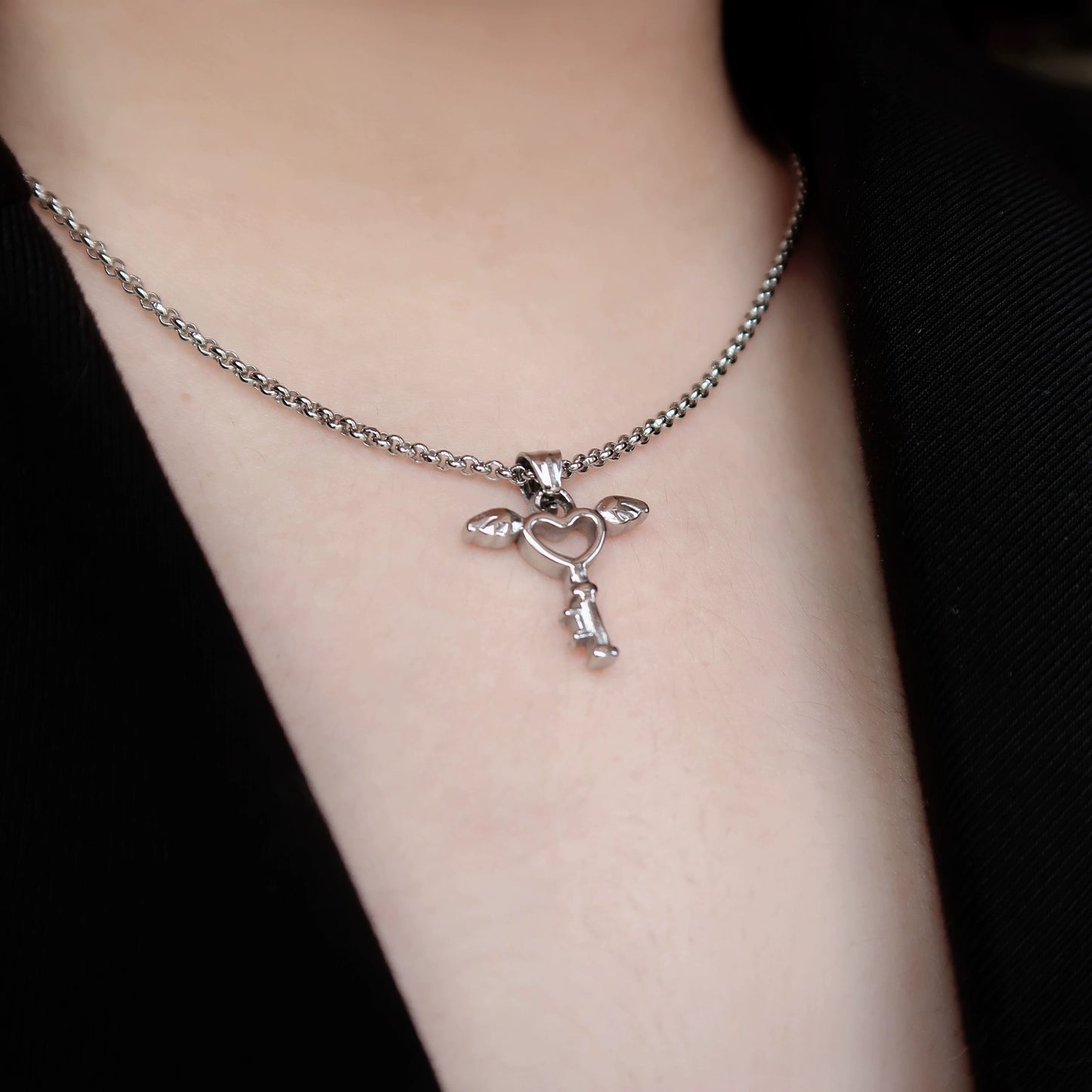 Silver Heart Key Wings Necklace