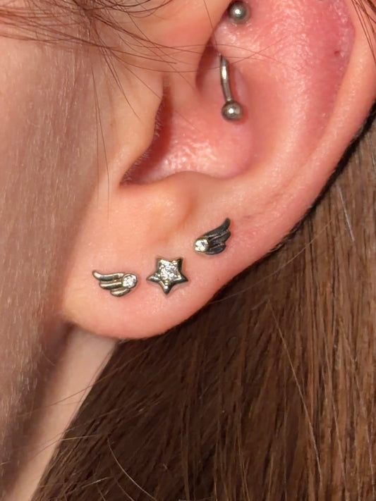 Silver Star & Wing Triple Lobe Earring Stack