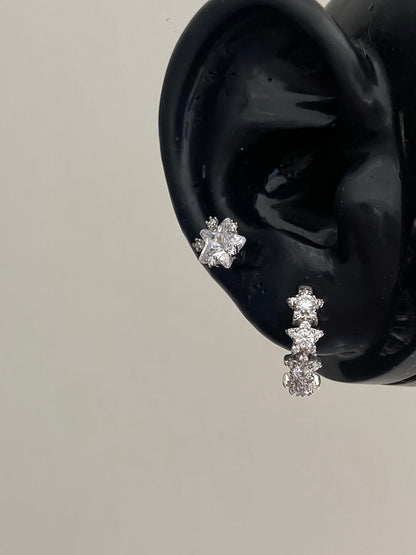 Silver Crystal Flower Cluster Huggie Earrings
