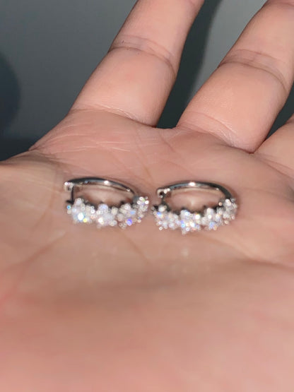 Silver Crystal Flower Cluster Huggie Earrings