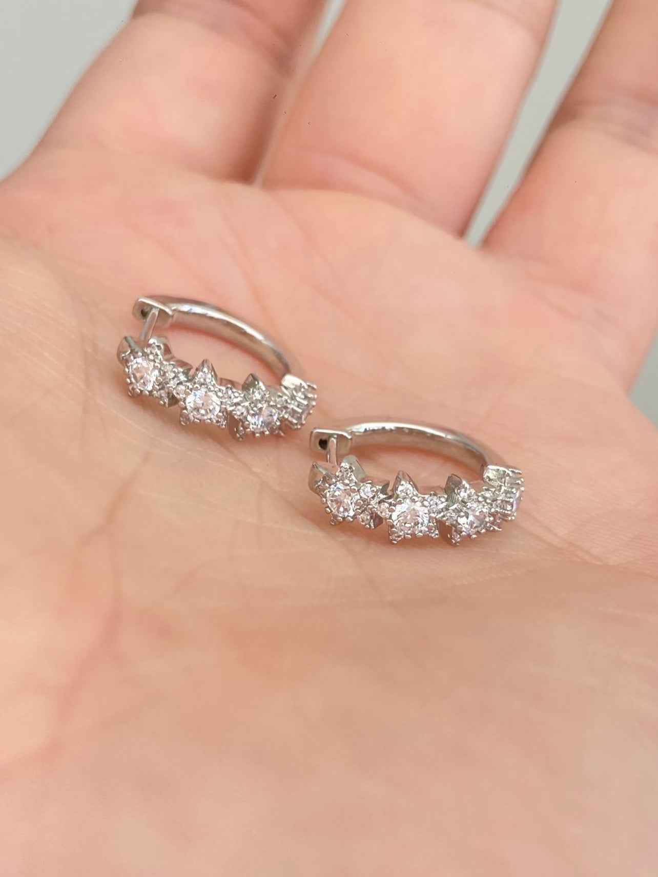Silver Crystal Flower Cluster Huggie Earrings