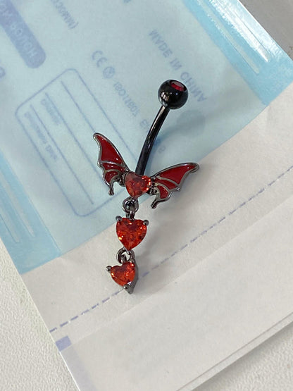 Red Dragon Wing Triple Heart Belly Ring