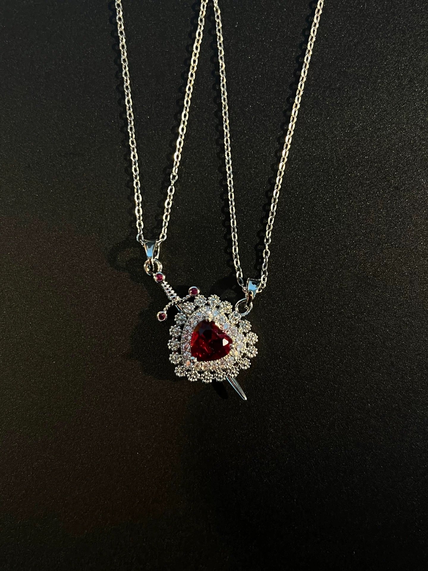 Silver Crimson Heart Sword Necklace