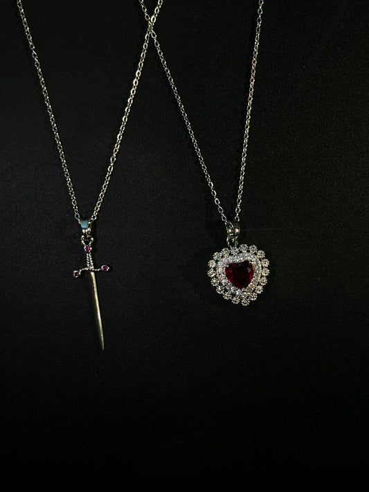 Silver Crimson Heart Sword Necklace