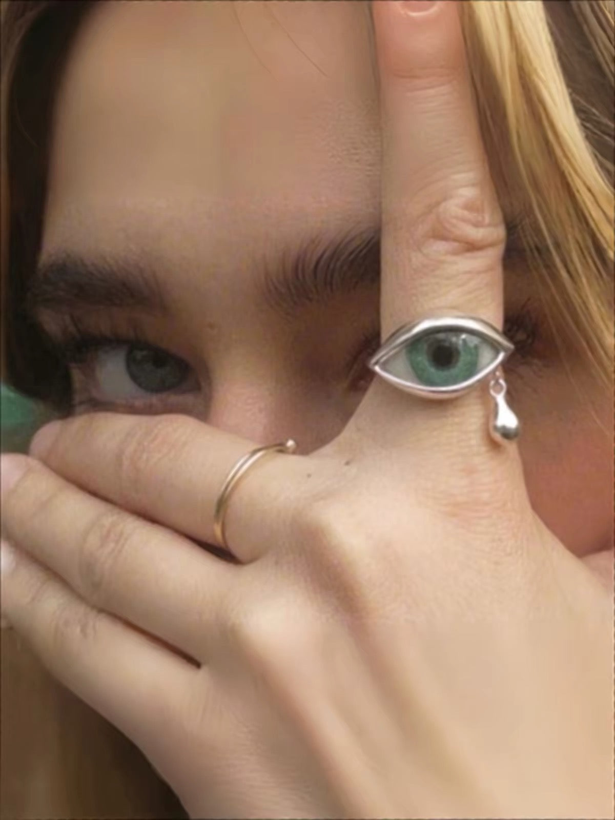 Green Crying Eye Adjustable Ring