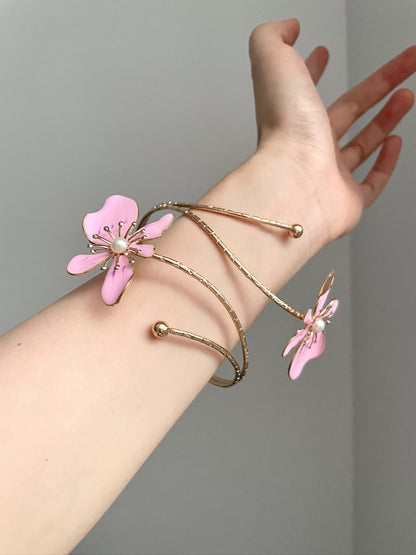 Gold Pink Flower Pearl Arm Puffs