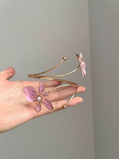 Gold Pink Flower Pearl Arm Puffs