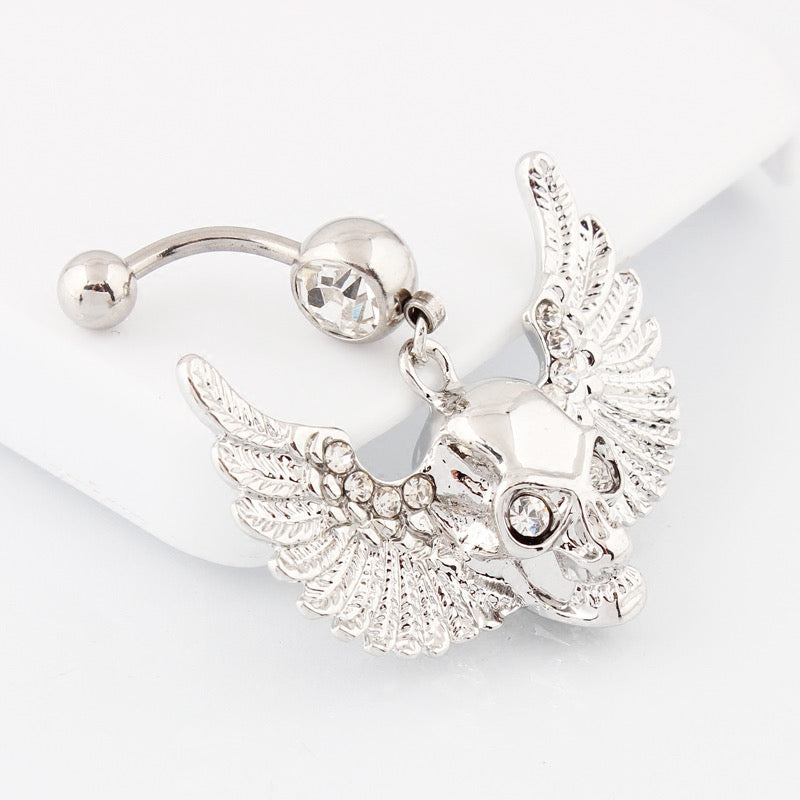 Silver Winged Skull Belly Bar