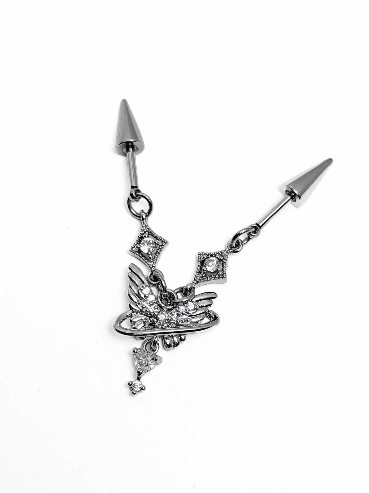 Silver Angel Wing Saturn Chain Double Vertical Helix Earrings