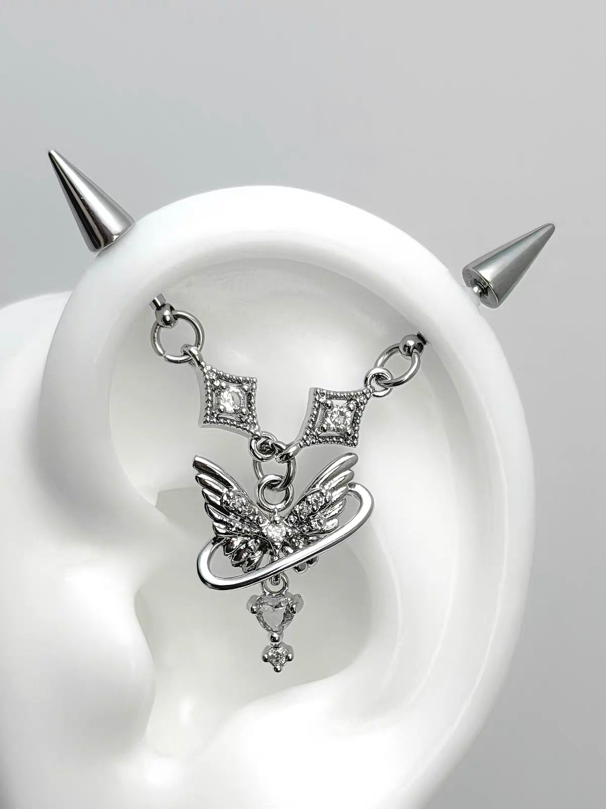 Silver Angel Wing Saturn Chain Double Vertical Helix Earrings