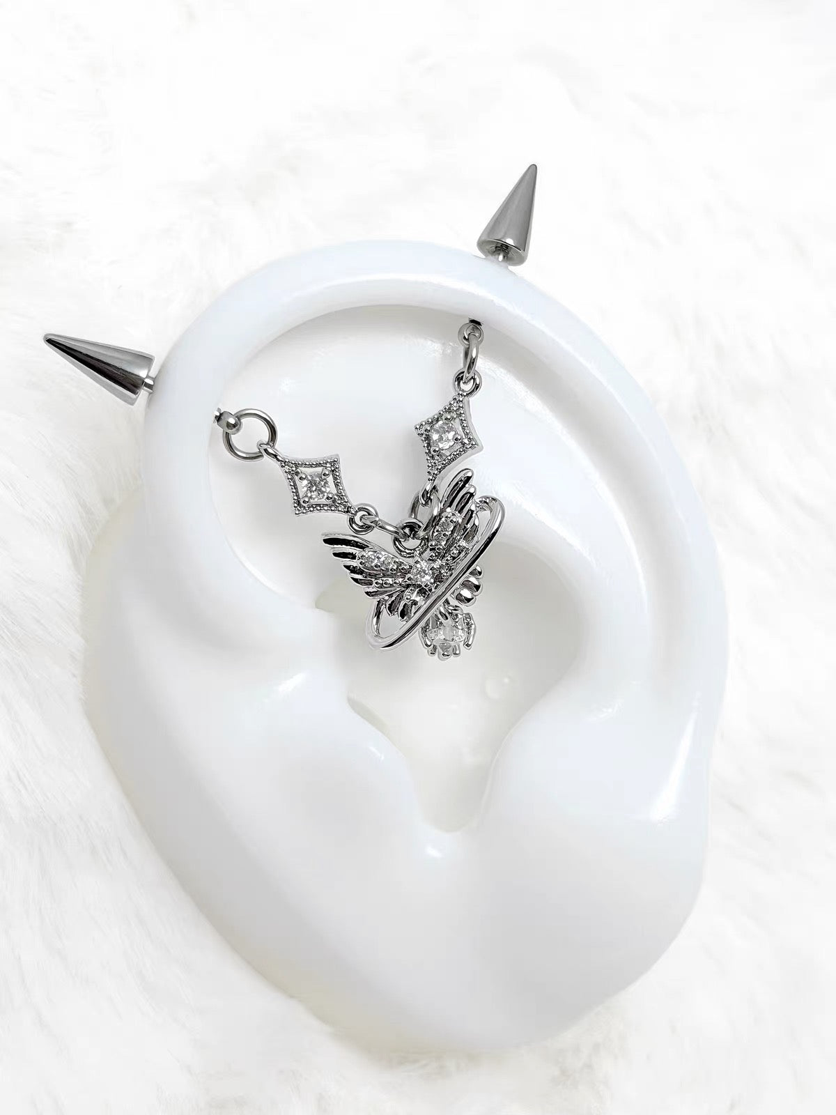 Silver Angel Wing Saturn Chain Double Vertical Helix Earrings