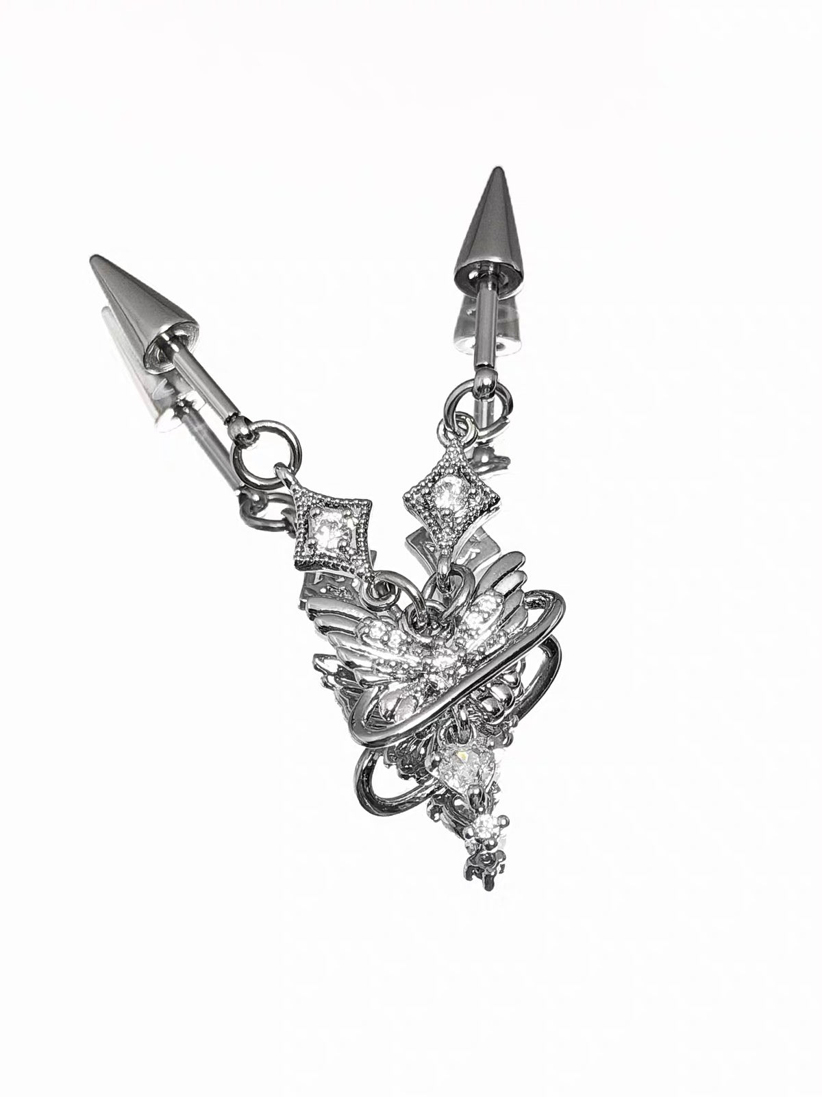Silver Angel Wing Saturn Chain Double Vertical Helix Earrings
