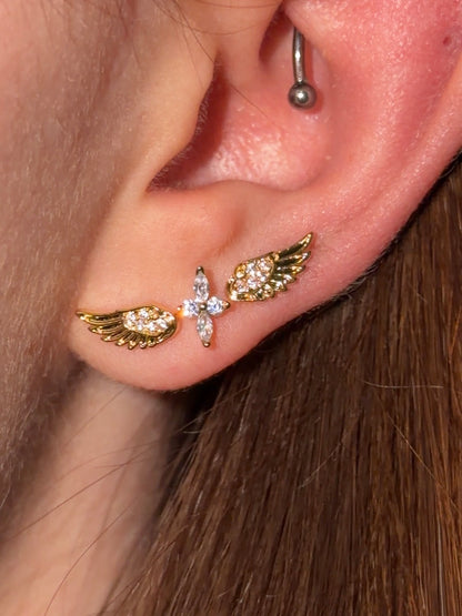 Gold Crystal Angel Wing and Cross Triple Lobe Earring Stack