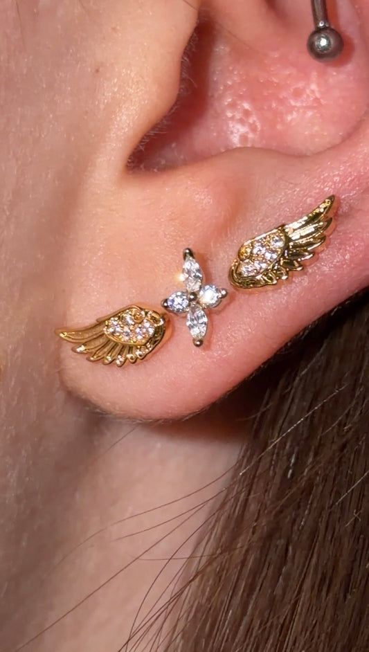 Gold Crystal Angel Wing and Cross Triple Lobe Earring Stack
