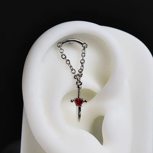Silver Red Crystal Dagger Chain Hidden Helix Earring