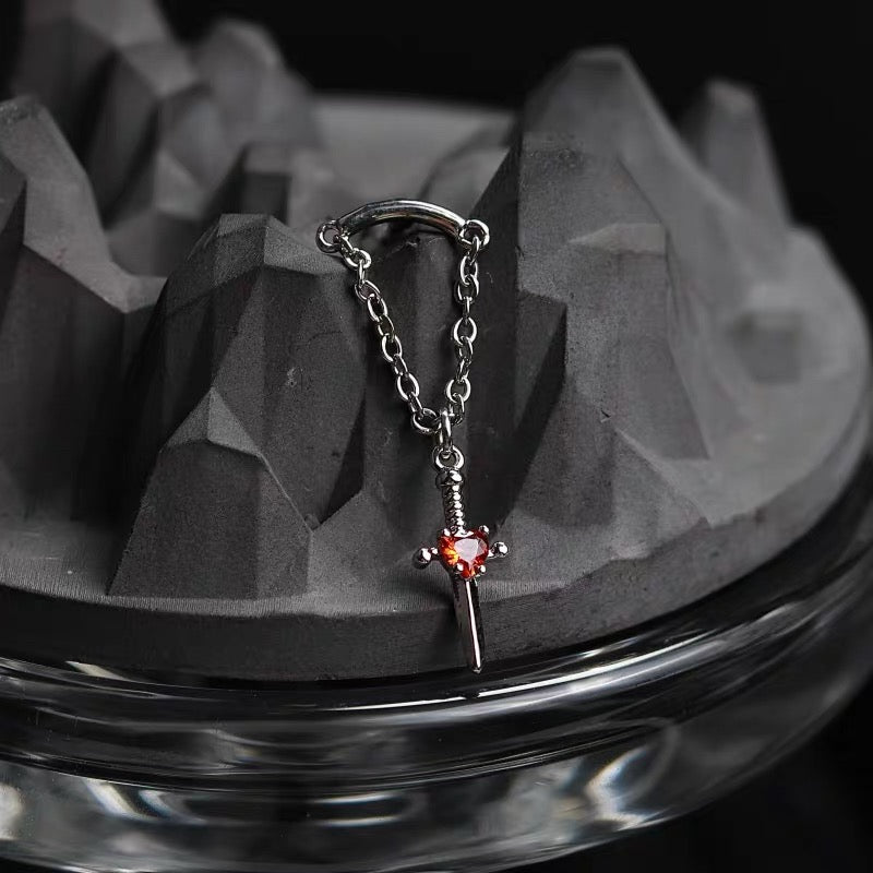 Silver Red Crystal Dagger Chain Hidden Helix Earring