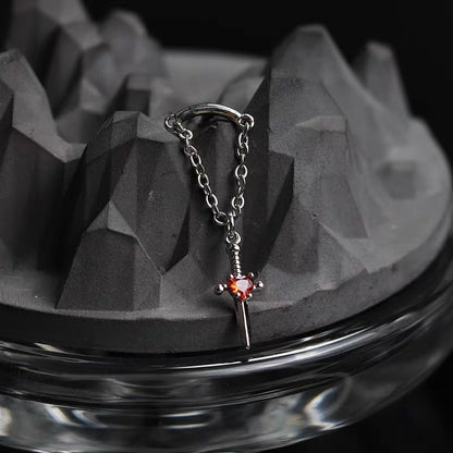 Silver Red Crystal Dagger Chain Hidden Helix Earring