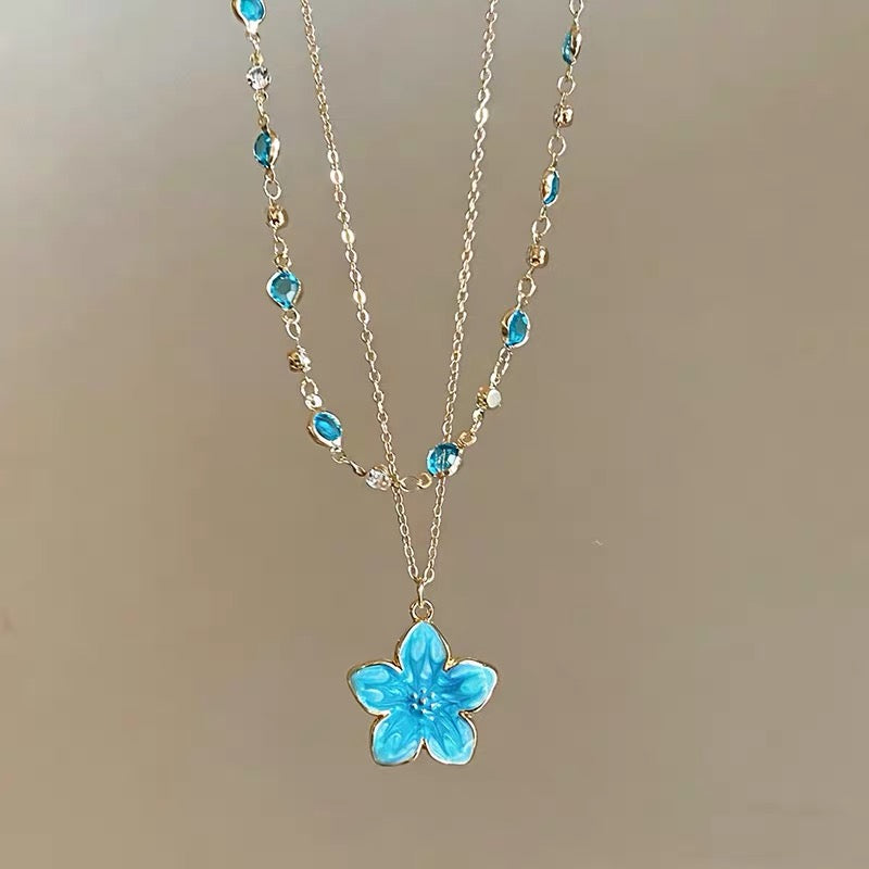 Blue Flower Beaded Layered Necklace