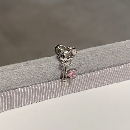 Silver Pink Heart Cat Helix Earring