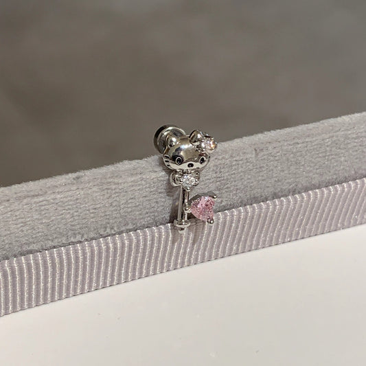 Silver Pink Heart Cat Helix Earring