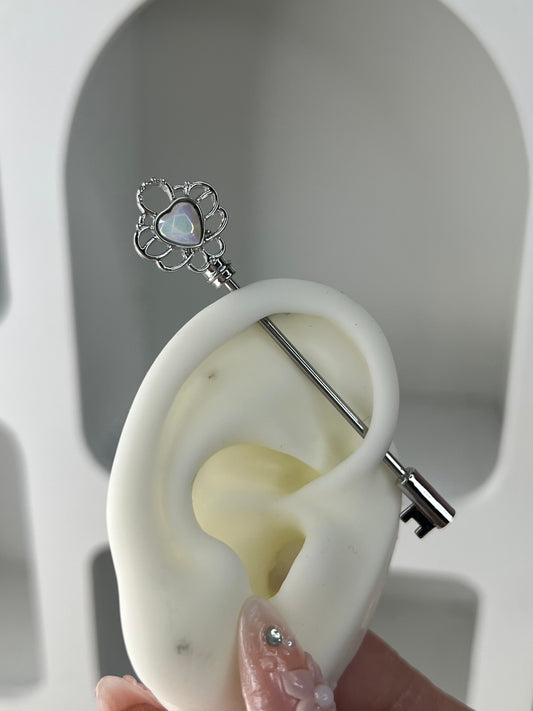 Opal Heart Key Industrial Barbell Earrings