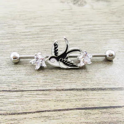 Silver Crystal Swallow Industrial Earring