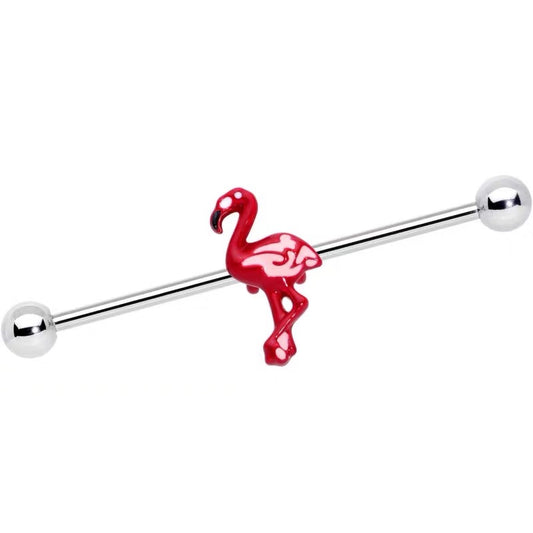 Silver Red Flamingo Industrial Earring