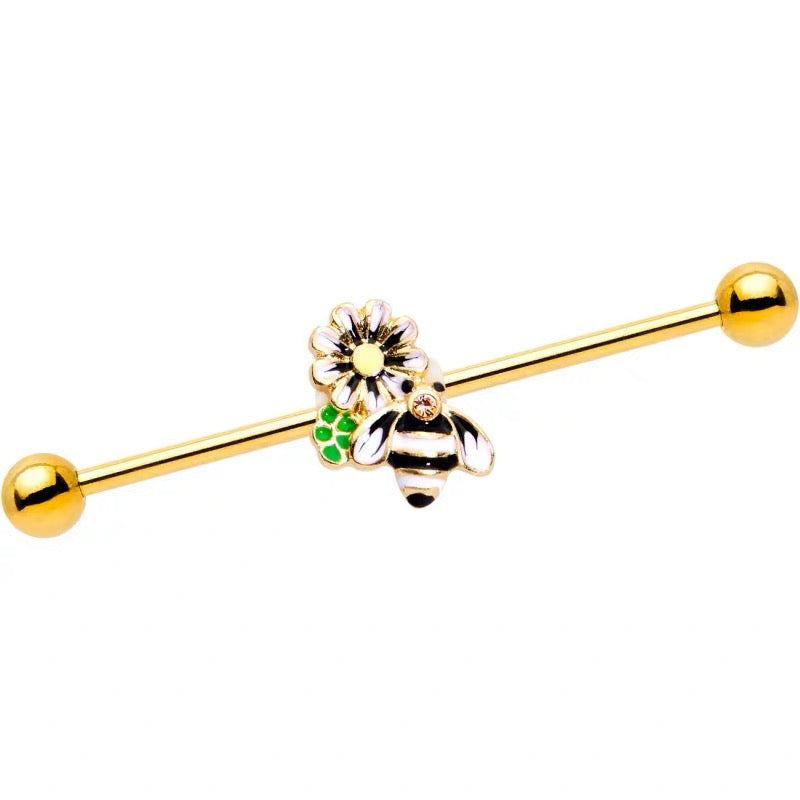 Gold Bee Daisy Industrial Earring