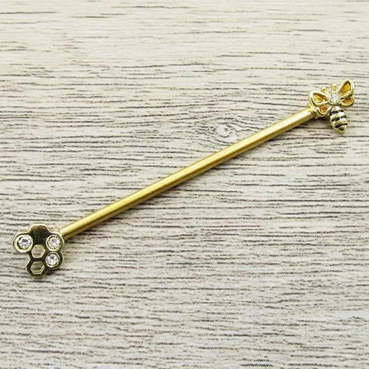 Gold Bee Honeycomb Industrial Earring