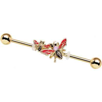 Gold Red Bee Industrial Earring