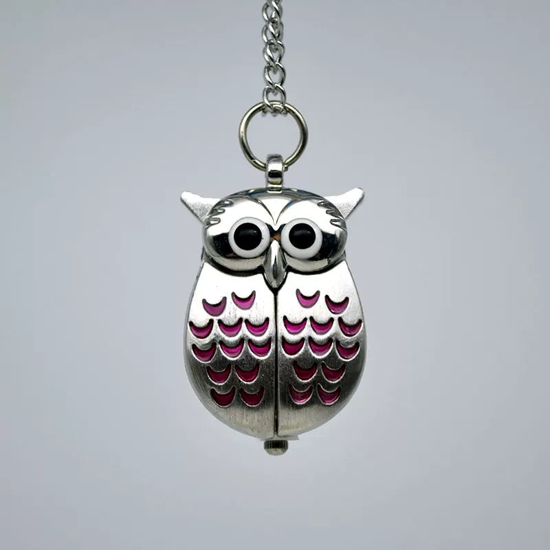 Owl Watcher Clock Necklace - Pink
