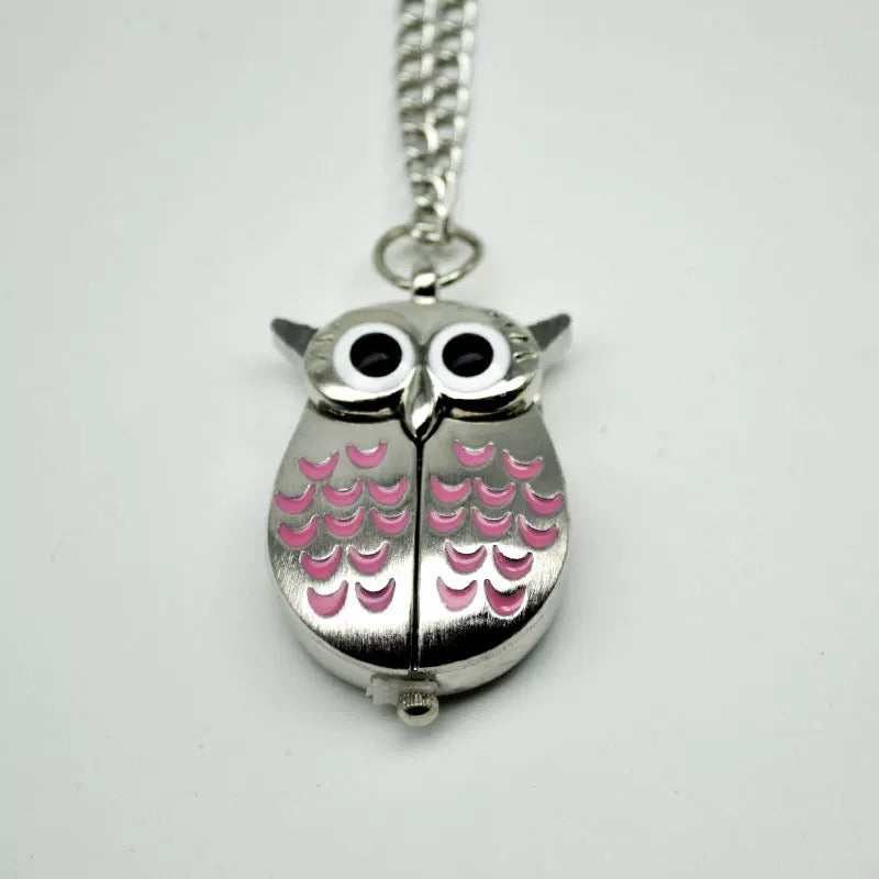 Owl Watcher Clock Necklace - Pink