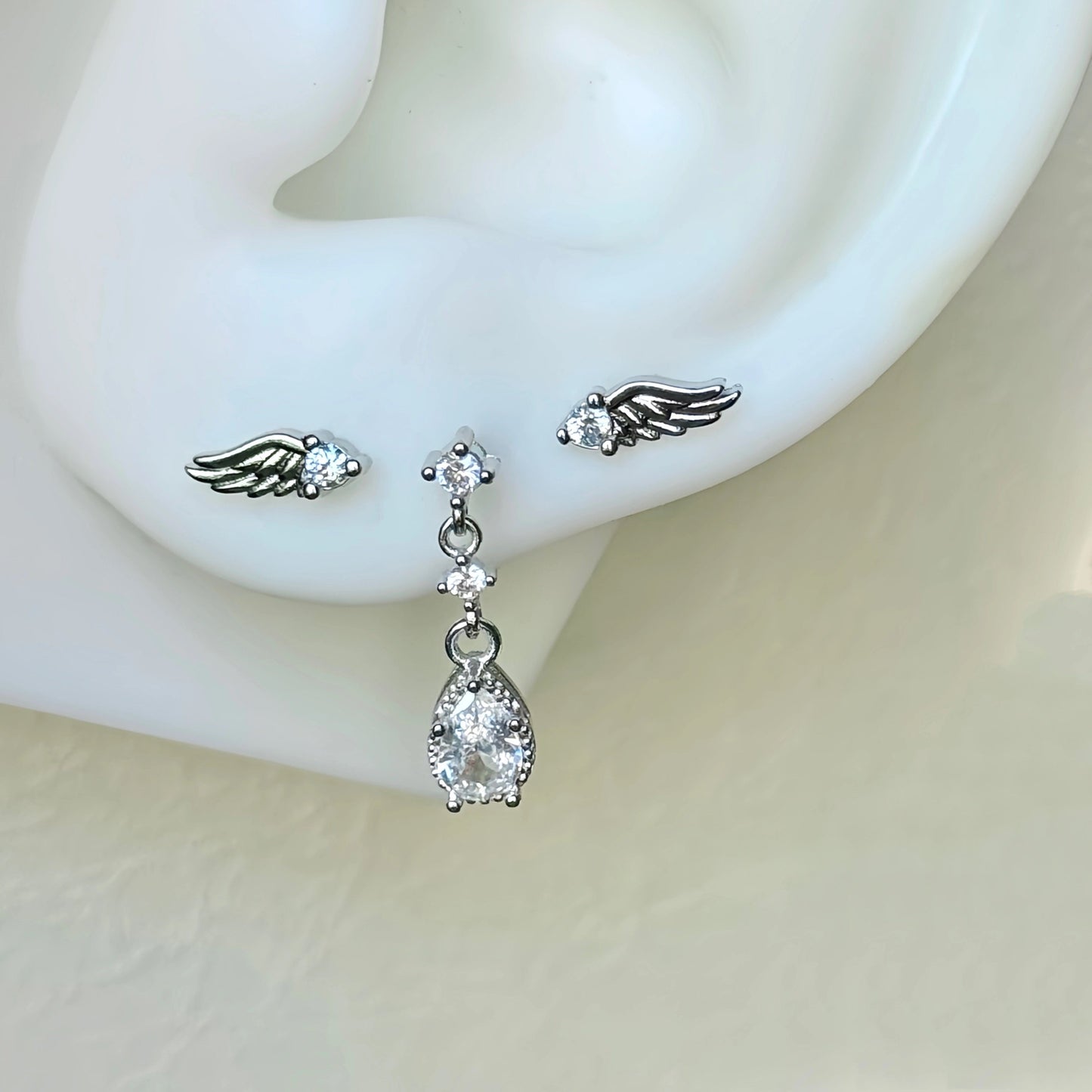 angel crystal drop triple lobe earring stack